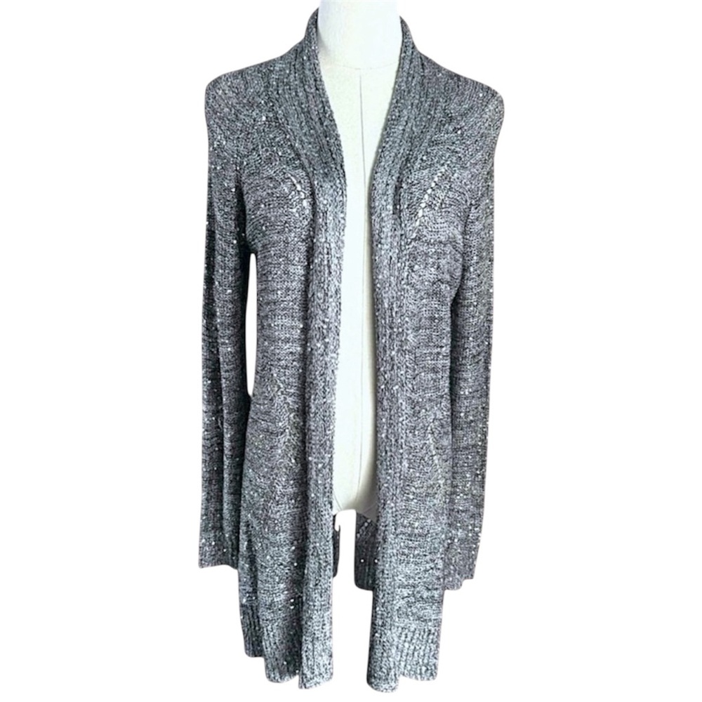 Belldini Gray Sequin Open Front Embellished Knit Cardigan Sweater Crochet Medium